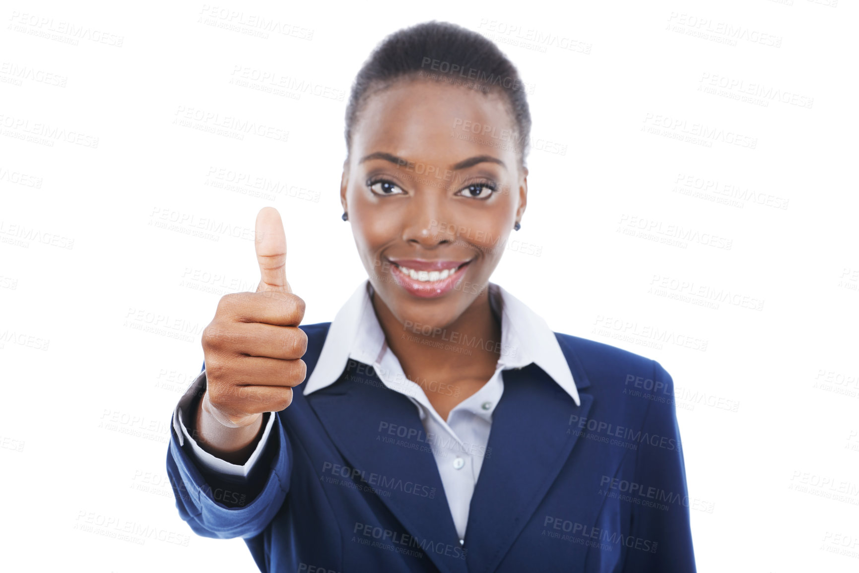 Buy stock photo Thumbs up, yes and portrait of black woman in business with agreement and happiness in white background. African, entrepreneur and show thank you sign with hand for approval and emoji for like