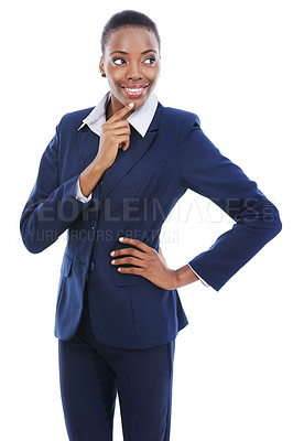 Buy stock photo Studio shot of a thoughtful-looking young businesswoman looking out of frame isolated on white