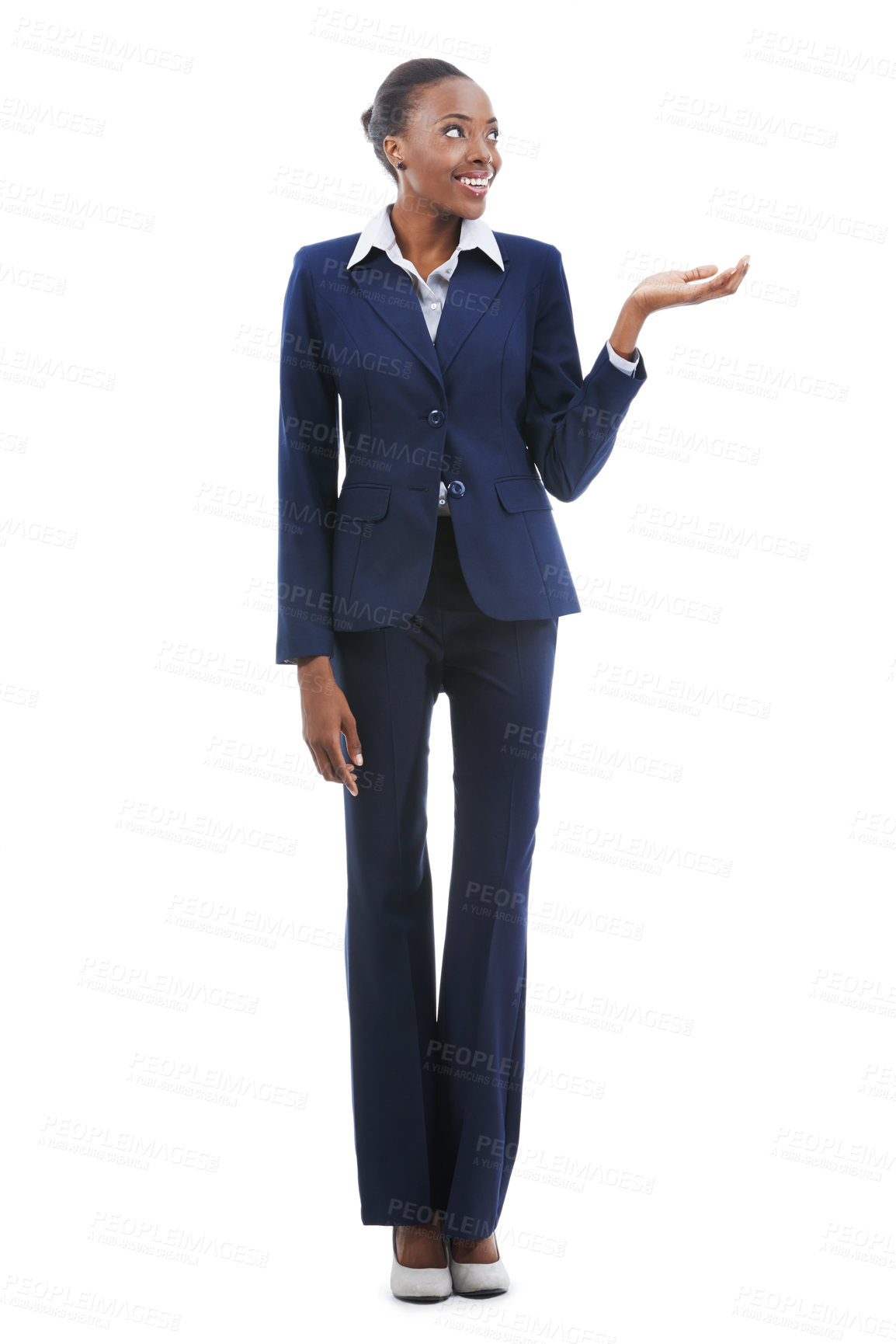 Buy stock photo A beautiful young african american businesswoman supporting copyspace isolated on white