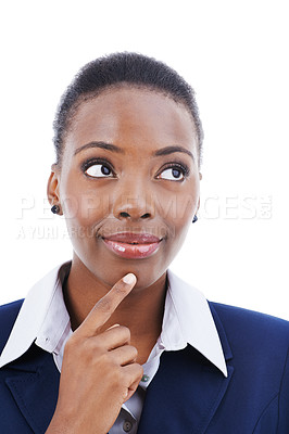 Buy stock photo Black woman, question and thinking of idea for business with lawyer brainstorming in white background mockup. Legal, solution and attorney curious for information to faq and problem solving with law