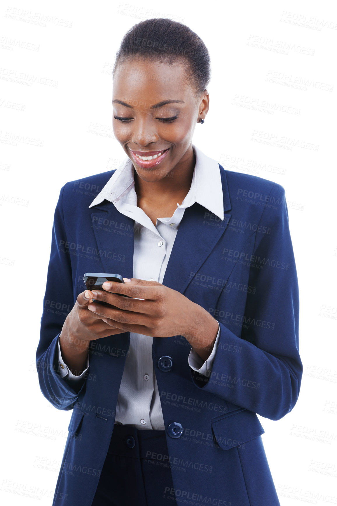 Buy stock photo Business, smartphone and smile of black woman typing email, research or reading notification. Phone, professional consultant scroll on mobile app and networking isolated on a white studio background