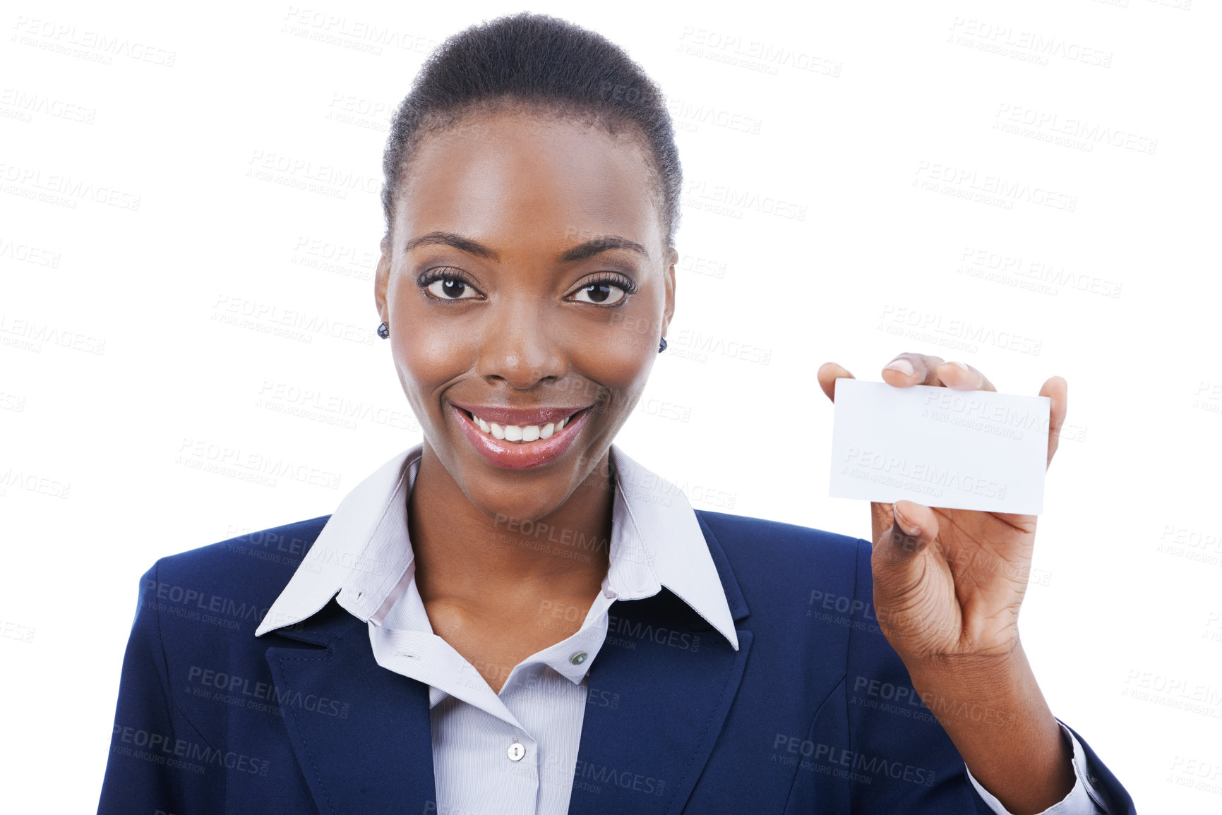 Buy stock photo Woman, portrait and happy in studio with business card for advertising space and information or contact us. Entrepreneur, face and african employee with blank paper for brand logo on white background