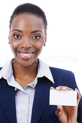 Buy stock photo Woman, portrait and smile in studio with business card for marketing space and information or contact us. Entrepreneur, face and african employee with blank paper for show on white background