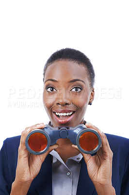 Buy stock photo Businesswoman, face and surprised with binocular in studio for opportunity, announcement or promotion. Entrepreneur, african person and shocked by good news on mock up space with white background