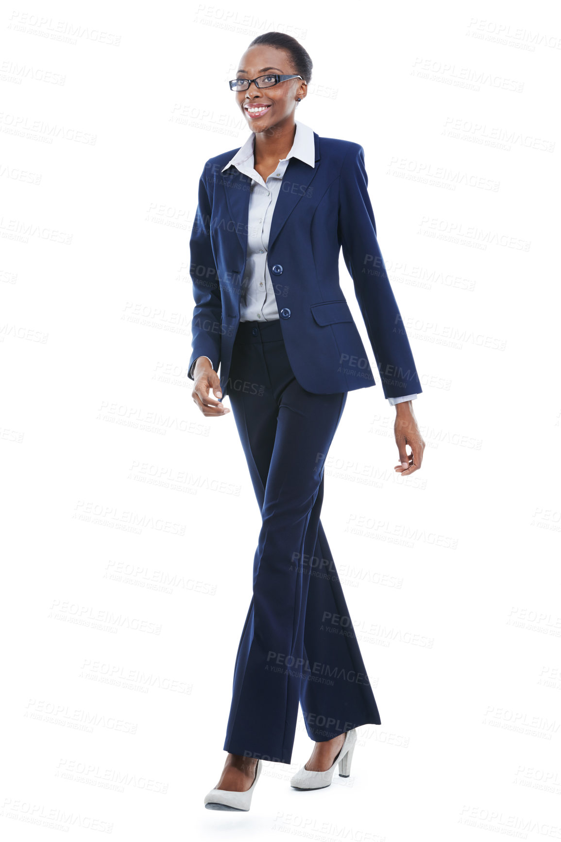 Buy stock photo Walking, lawyer and happy black woman in studio isolated on a white background with smile. African manager, legal business and professional attorney in suit for career in Kenya with pride or fashion