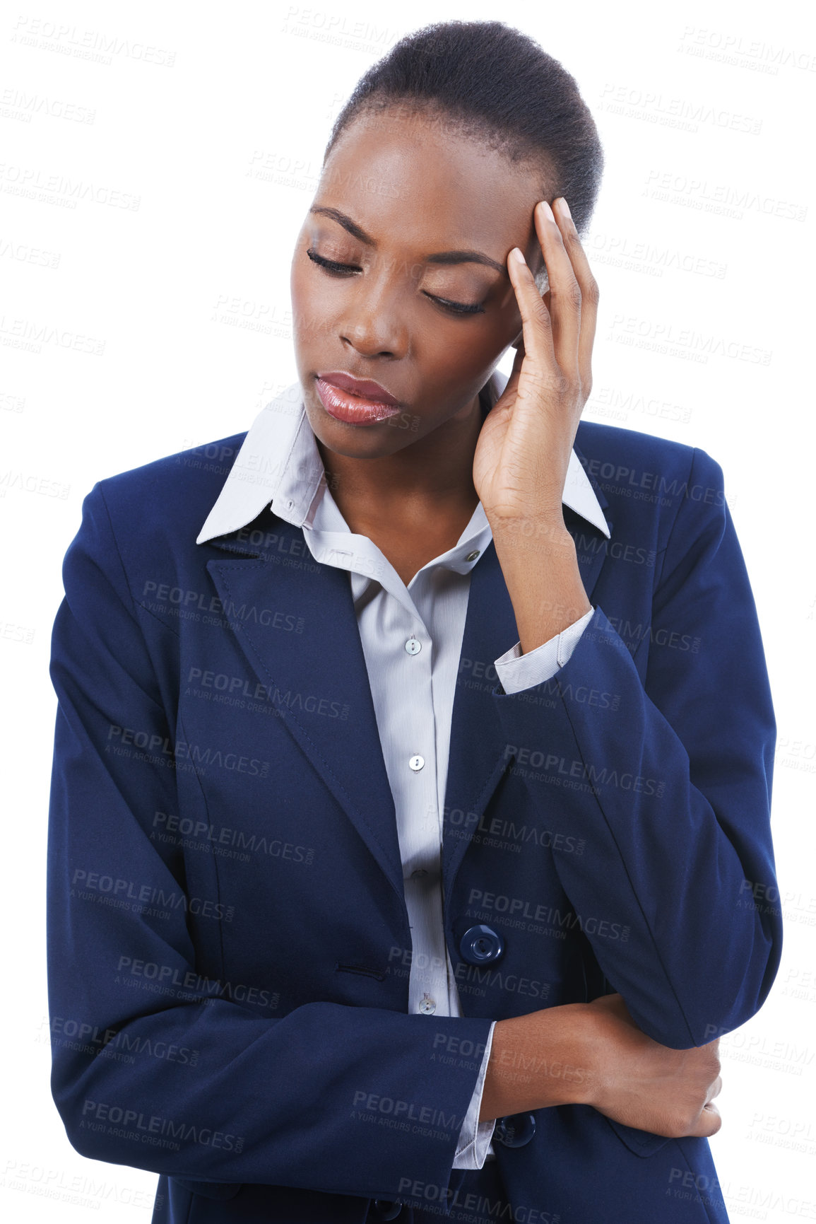 Buy stock photo Business, woman and headache in studio with burnout, stress or mental health for career overwork. Entrepreneur, african person and migraine from corporate fatigue, tired or strain on white background