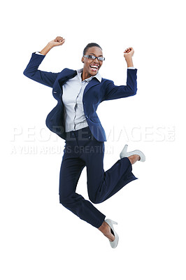 Buy stock photo Full length studio shot of an excited young businesswoman jumping in the air isolated on white