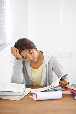 Buy stock photo Student, woman and reading with books for study, knowledge or education and notes for learning in classroom. Young person, girl and mockup space at desk and novel for scholarship, test and assessment
