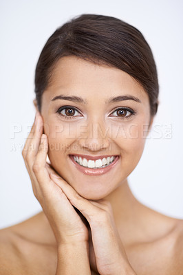 Buy stock photo Portrait, smile and beauty with natural woman in studio on white background for aesthetic wellness. Face, skincare and cosmetics with happy young person looking satisfied with smooth or soft skin