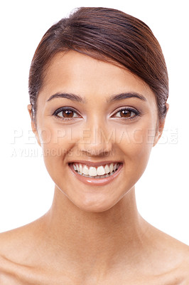 Buy stock photo Portrait, smile and skincare with natural woman in studio on white background for aesthetic wellness. Face, beauty and cosmetics with happy young person looking satisfied with smooth or soft skin