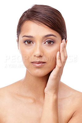 Buy stock photo Portrait, cosmetics and woman with skincare, makeup and glow isolated on a white studio background. Face, Indian person and model with shine and dermatology with healthy skin, smooth and aesthetic