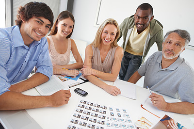 Buy stock photo People, team and portrait for project planning at agency for creative development, collaboration or meeting. Diversity, paperwork and face in boardroom for brainstorming campaign, ideas or notepad