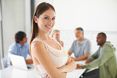 Buy stock photo Portrait, arms crossed or happy woman in meeting with business people for planning or discussion. Confidence, teamwork or group of professional designers working in collaboration on creative project