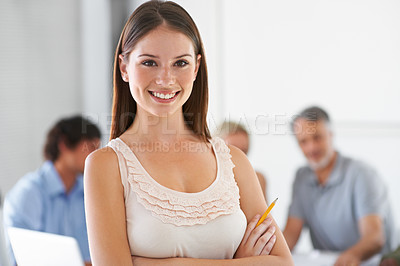 Buy stock photo Portrait, arms crossed or happy woman in meeting with designers for planning or discussion. Confidence, teamwork or group of professional business people in collaboration, working on creative project
