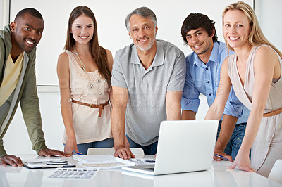 Buy stock photo Portrait, business people and meeting with a laptop, brainstorming and collaboration with planning, internet and partnership. Group, men or women with computer, cooperation or project with technology
