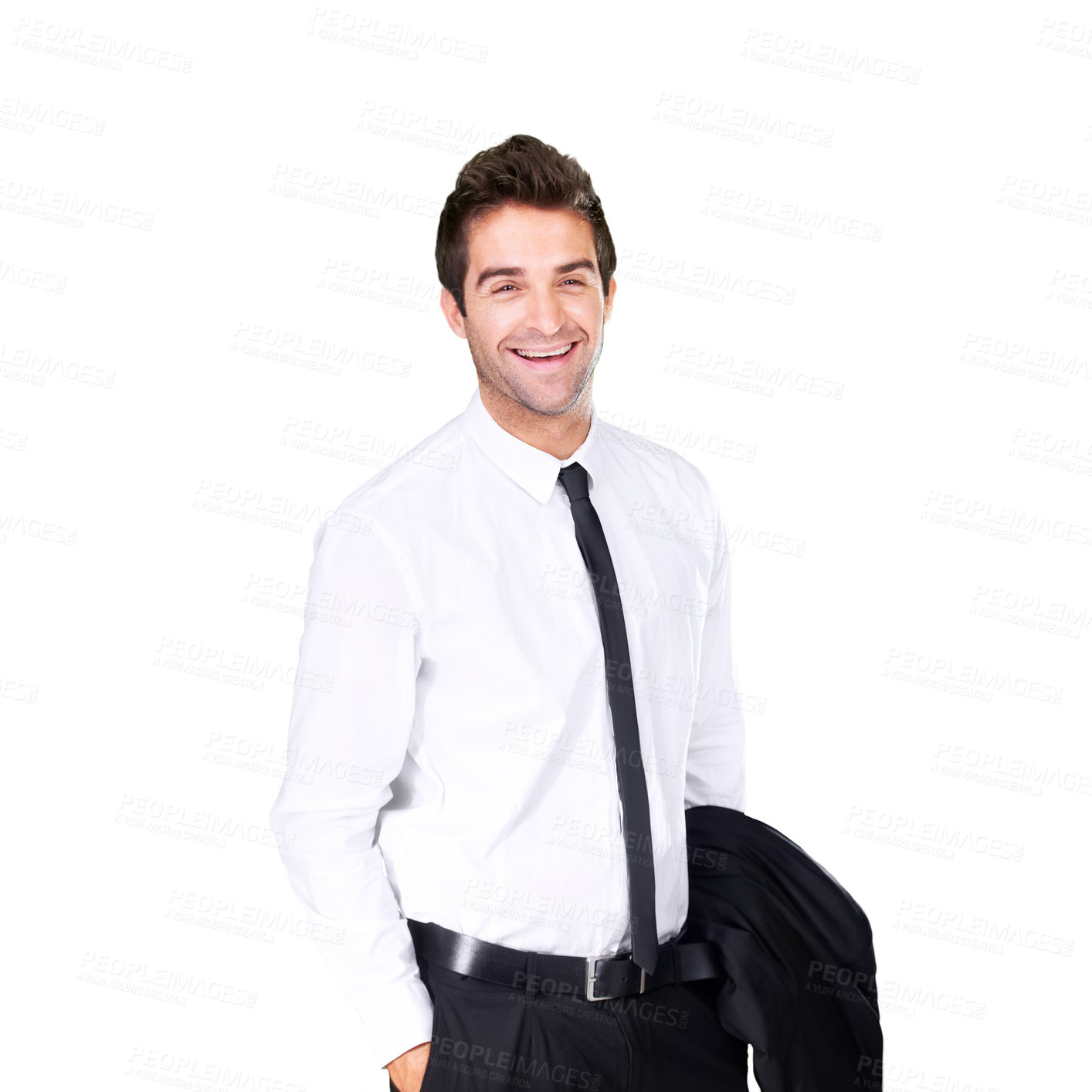 Buy stock photo Businessman, happy and jacket with lawyer in portrait in png for transparent or isolated background in europe. Happiness, professional male and confident with working with attorney for success. 