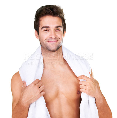 Buy stock photo Man, fitness and portrait for health with towel for hygiene in png or isolated or transparent background. Body, exercise and health for wellness or cleaning and grooming with self care or smile.