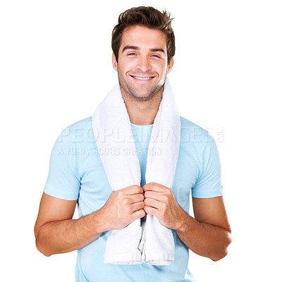 Buy stock photo Head and shoulders shot of young man with a towel around his neck