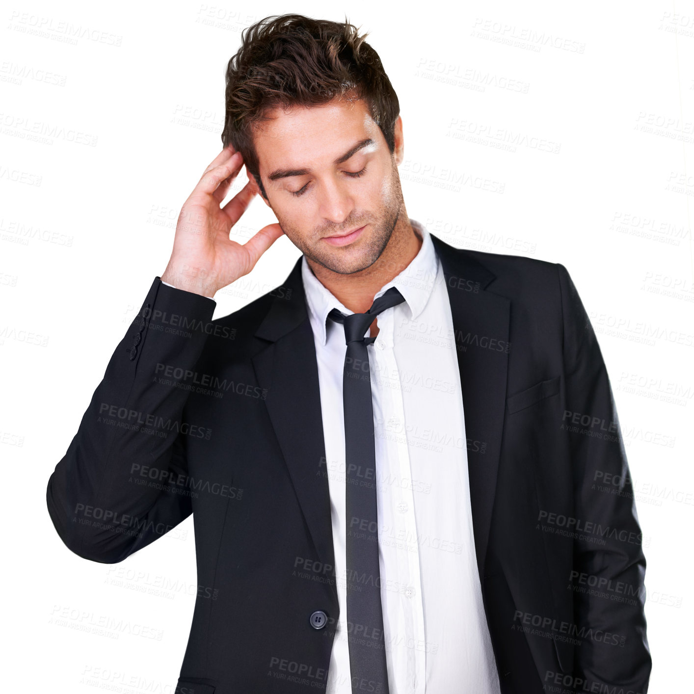 Buy stock photo Fashion, suit and man in studio with classic, elegant or formal clothing choice on white background. Smart, style or male model posing with fashionable outfit, attitude or confidence while isolated