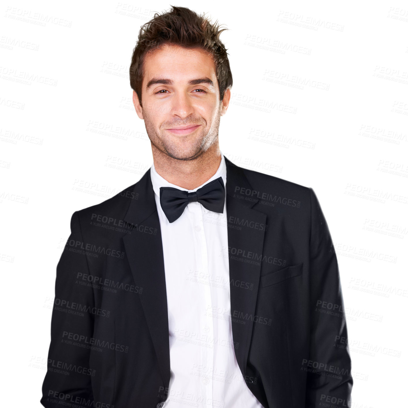 Buy stock photo Portrait, fashion and man confident in tuxedo choice, formal attire or stylish outfit isolated on white background. Studio, elegance and person with classy style, smart clothes and classic apparel