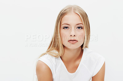 Buy stock photo Woman, portrait and beauty with makeup, face and model for skincare, cosmetics on white background. Treatment, vision or healthy skin with shine, wellness or clean for glow, facial or mockup space