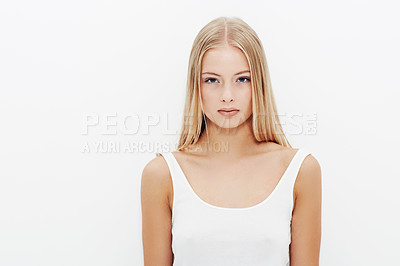 Buy stock photo Woman, portrait and fashion on mockup in beauty cosmetics, makeup or style on a white studio background. Face of casual female person or young attractive model in haircare or facial treatment on wall