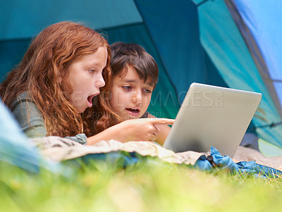 Buy stock photo A young brother and sister surfing the web while out camping