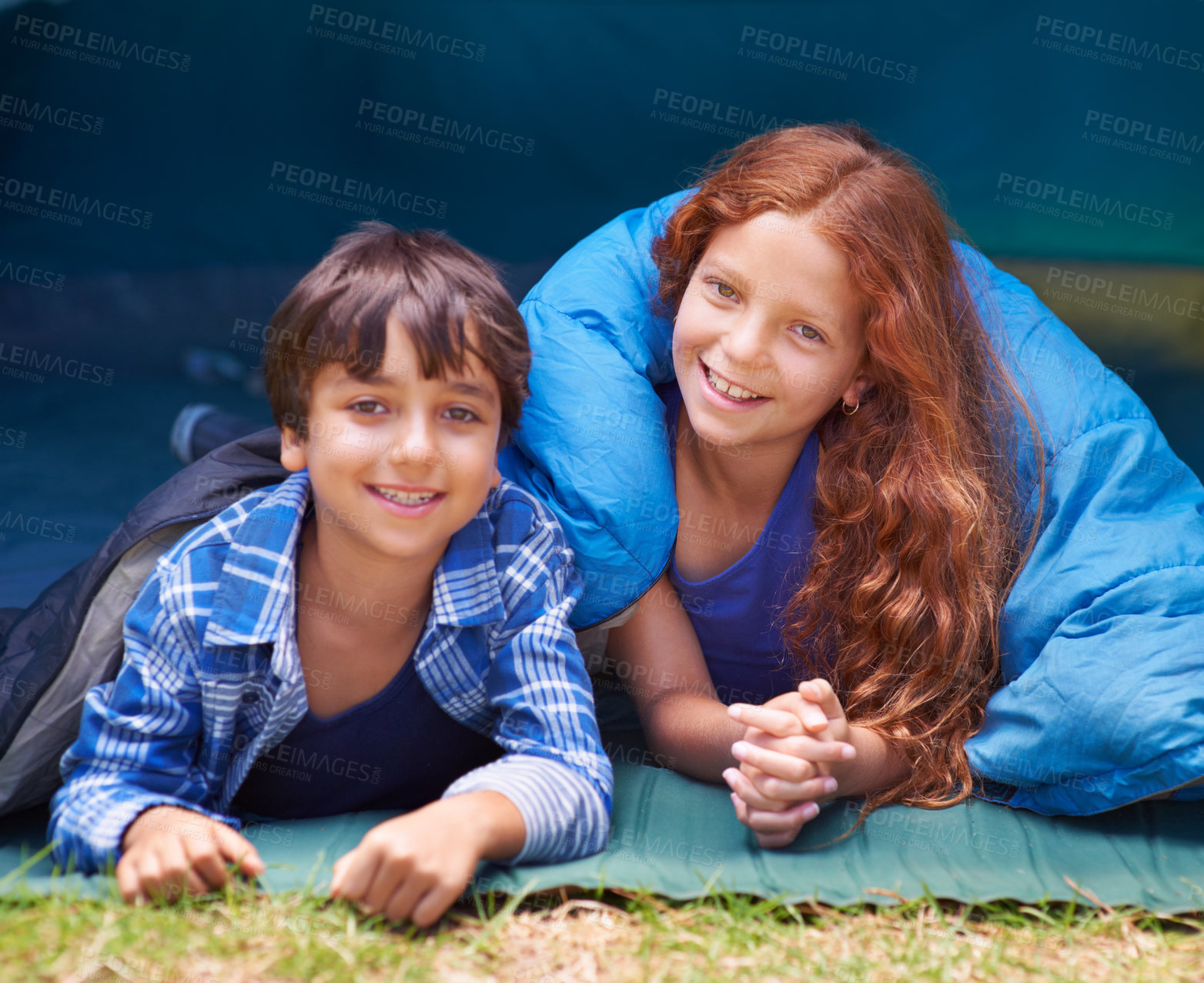 Buy stock photo Happy, camping and portrait of children in sleeping bag for resting, relax and comfortable in tent. Travel gear, smile and kids in sleep sack for adventure on holiday, vacation and weekend outdoors