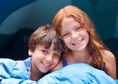 Buy stock photo Camping, portrait and children hug in a tent sleeping bag with love, care and bonding in nature together. Happy family, kids and siblings wake up outdoor with trust, games and fun on forest sleepover