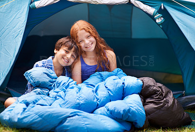 Buy stock photo Portrait, camping and children hug in a tent sleeping bag with love, care and bonding in nature together. Happy family, kids and siblings wake up outdoor with trust, games and fun on forest sleepover