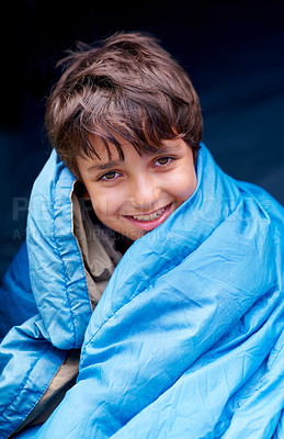 Buy stock photo Travel, camping and portrait of child in sleeping bag for resting, relax and comfortable in tent gear. Happy, youth and boy in sleep sack for adventure on holiday, vacation and weekend outdoors
