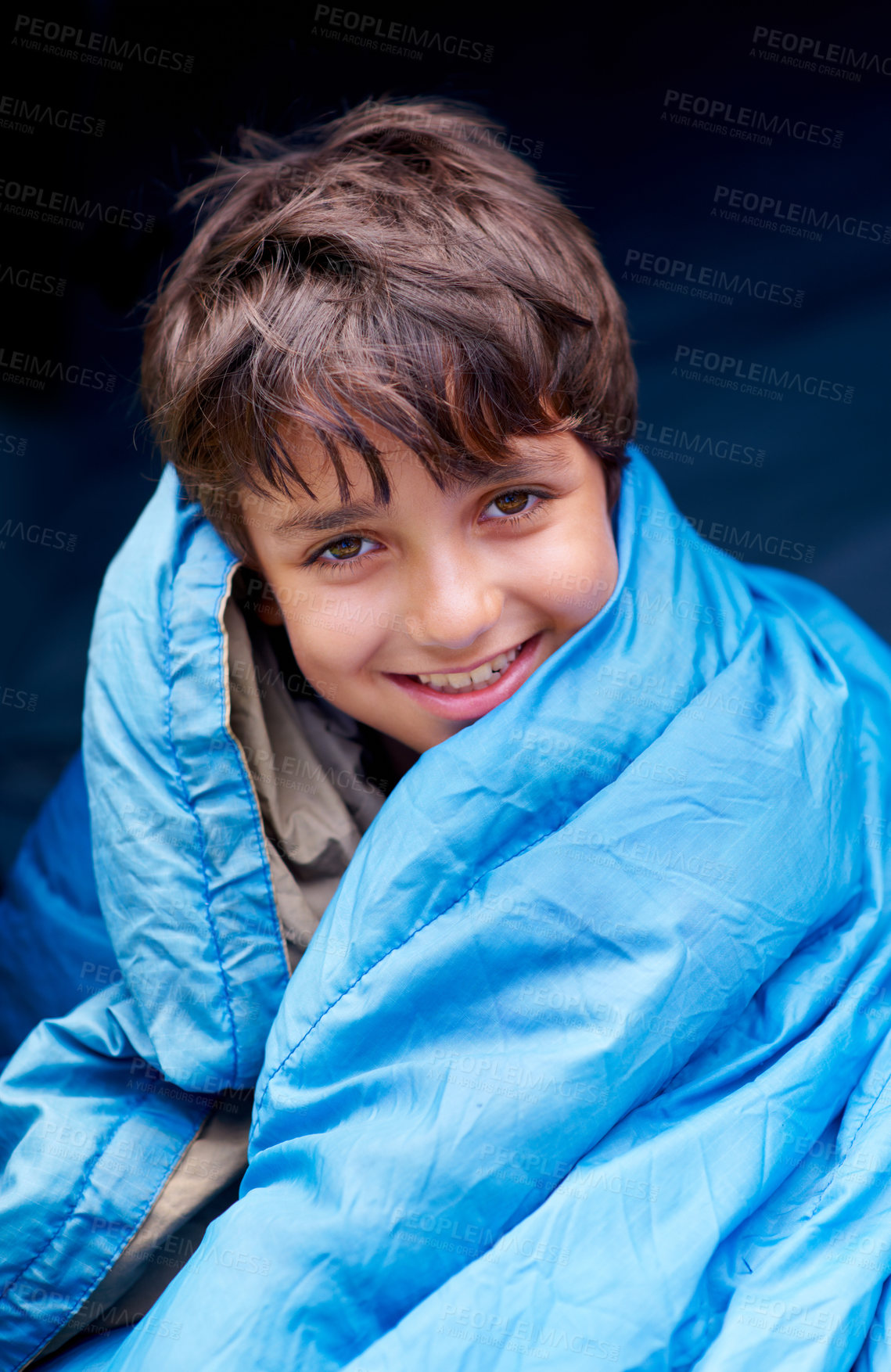 Buy stock photo Travel, camping and portrait of child in sleeping bag for resting, relax and comfortable in tent gear. Happy, youth and boy in sleep sack for adventure on holiday, vacation and weekend outdoors