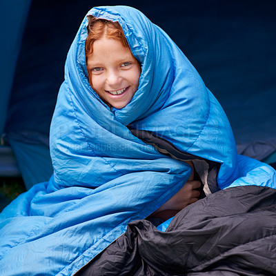 Buy stock photo Happy, camping and portrait of child in sleeping bag for resting, relax and comfortable in tent. Travel gear, youth and girl in sleep sack for adventure on holiday, vacation and weekend outdoors