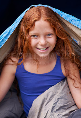 Buy stock photo Happy, camping and portrait of child in sleeping bag for resting, relax and comfortable in tent. Travel gear, ginger and girl in sleep sack for adventure on holiday, vacation and weekend outdoors
