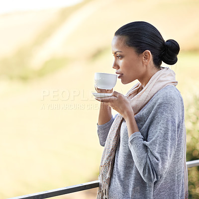 Buy stock photo Woman, drink coffee on balcony and outdoor to relax with warm beverage and morning routine for zen in nature. Peace, calm and espresso for caffeine, view and mockup space with tea cup in countryside