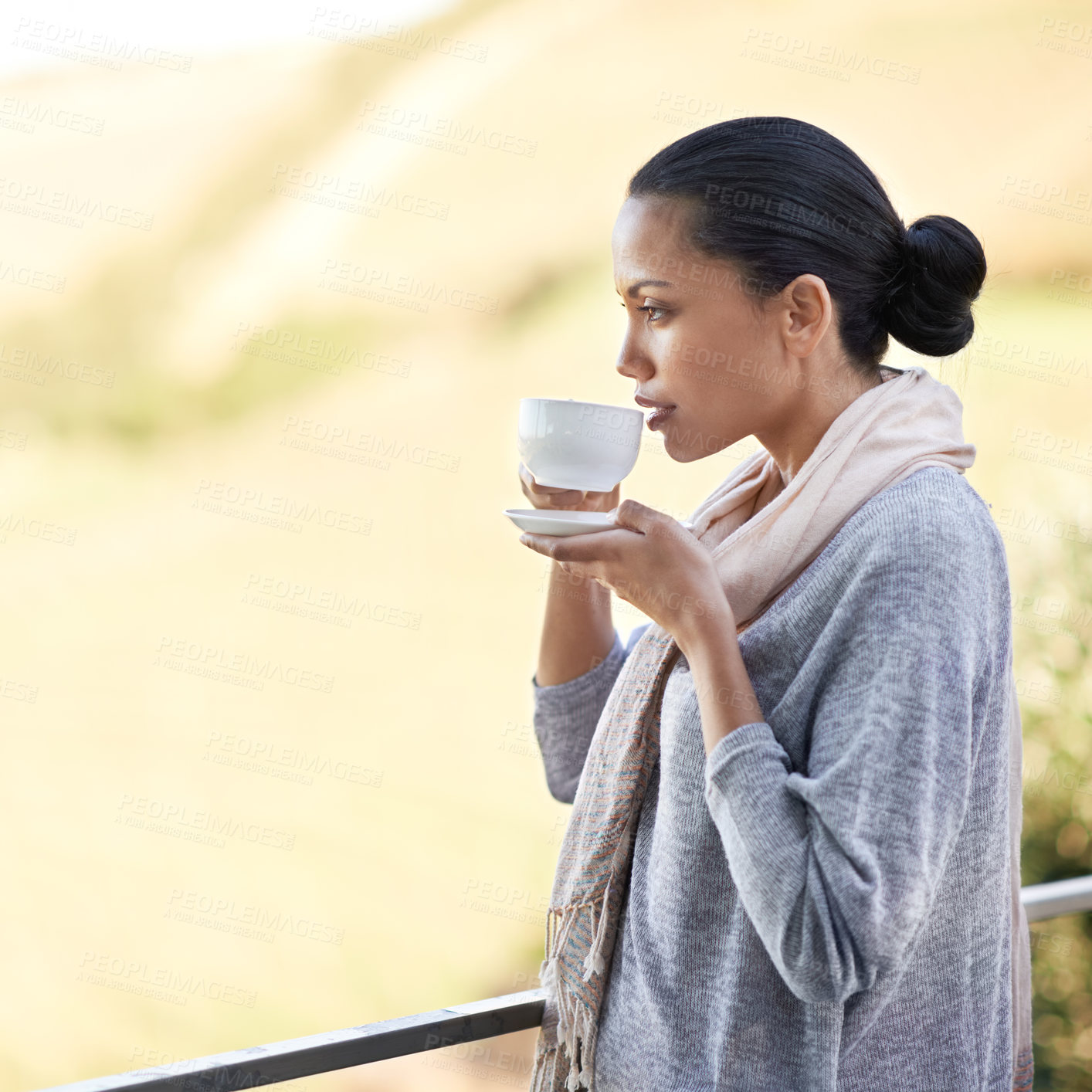 Buy stock photo Woman, drink coffee on balcony and outdoor to relax with warm beverage and morning routine for zen in nature. Peace, calm and espresso for caffeine, view and mockup space with tea cup in countryside