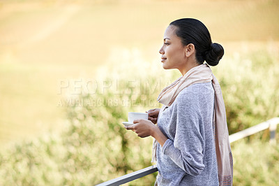 Buy stock photo Woman, coffee and  balcony with view outdoor, relax with warm beverage and morning routine for zen in nature. Peace, calm and espresso for caffeine, happy with smile and tea cup in countryside