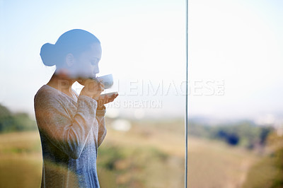 Buy stock photo Woman, coffee with window and balcony outdoor, drink warm beverage with morning routine and zen in nature. Peace, calm and espresso for caffeine, glass and tea cup in countryside for leisure