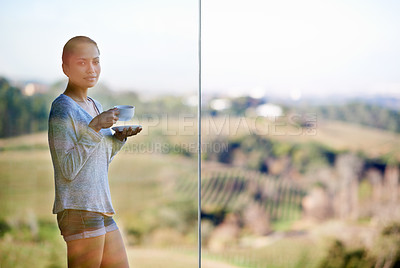 Buy stock photo Window, coffee cup and portrait of woman relax with liquid drink, hot chocolate or espresso for morning caffeine. Mockup space, transparent glass and person with matcha beverage, green tea or latte