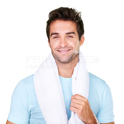 Buy stock photo Wellness, health and man with towel in portrait with mindset for gym, nutrition or training. Person, male model and happy on isolated or a transparent png background for workout, exercise or diet