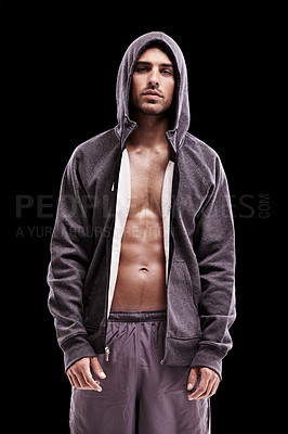 Buy stock photo Fitness, fashion and portrait of man with hoodie in studio for workout, clothes or style on black background. Gym, outfit and topless male model pose with confidence, abs and body training results