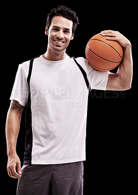 Buy stock photo Fitness, basketball and portrait of happy man with ball in studio for training, wellness or fun hobby on black background. Sports, face and male athlete with smile and match, workout or performance