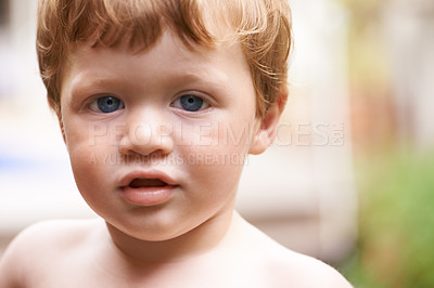 Buy stock photo Toddler, outdoor and portrait of baby in garden, nature or park for fun freedom or playing in backyard. Energy, cute boy and face of a curious male kid outside for child development or growth alone