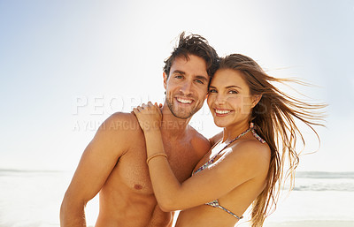 Buy stock photo Happy couple, portrait and beach hug in nature with love, trust and support while bonding outdoor. Ocean, face and people embrace at sea for travel, adventure and summer, vacation or holiday