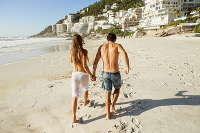 Buy stock photo Running, back and couple holding hands at a beach with bonding, energy and having fun in nature together. Summer, love and people at the ocean for adventure, travel and journey, explore or sea date