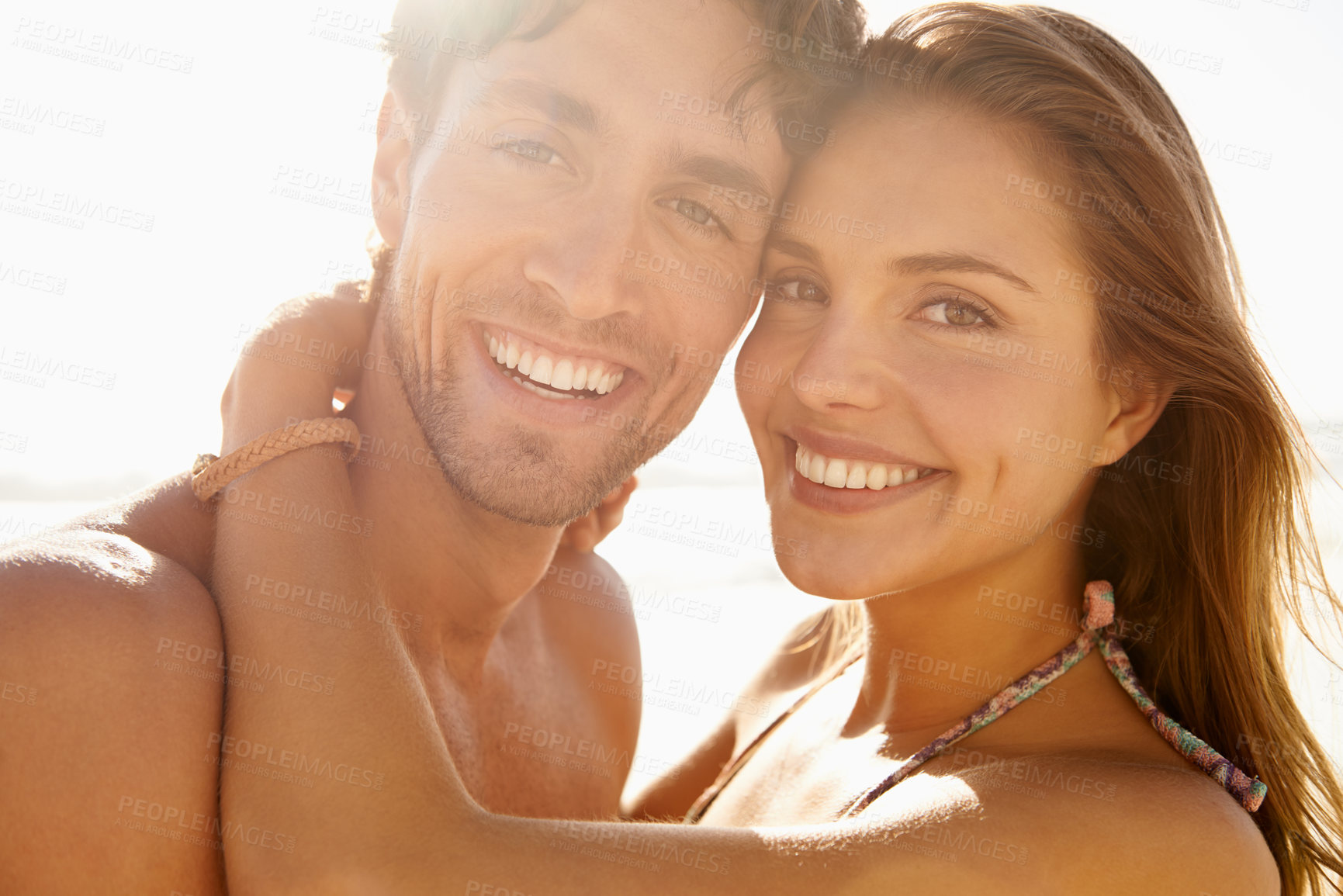 Buy stock photo Beach, hug and portrait of couple smile for summer sunshine, outdoor wellness or travel holiday in Argentina. Happiness, love and face of romantic man, woman or marriage partner on honeymoon vacation