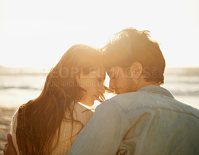 Buy stock photo Romantic love, sunset and beach couple relax with summer sunshine, wellness and bonding on travel holiday in Greece. Forehead touch, romance and back of people connect with care, support and security
