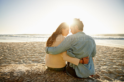 Buy stock photo Love, sunset and beach couple hug with care, support and relationship security on summer holiday in Greece. Embrace, romantic date and back of man, woman or people connect with commitment to partner
