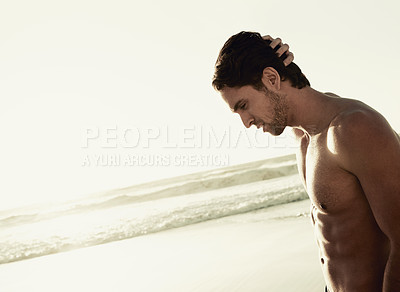 Buy stock photo Beach, muscular body and relax man with outdoor wellness, fresh air and nature on travel holiday in Argentina. Mockup space, ocean shore and profile of shirtless person on vacation in tropical island