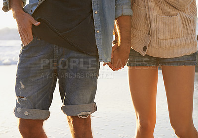 Buy stock photo Beach, romance and couple holding hands on relax walk, nature journey or travel vacation in Peru. Love, relationship and closeup of marriage partner, soulmate or people bonding together in nature